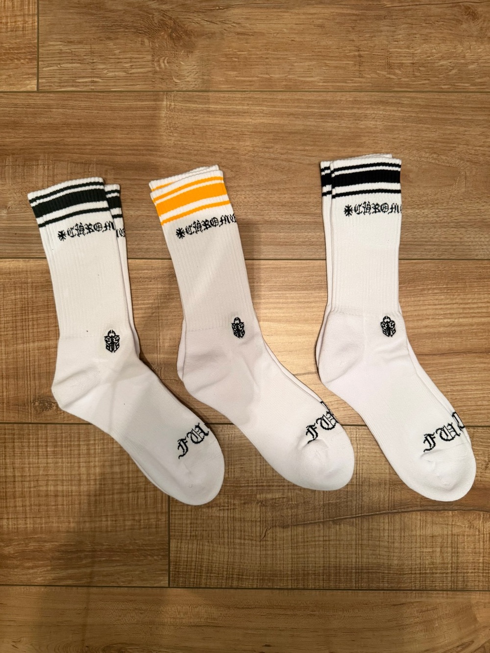 Chrome Hearts White Athletic Crew Socks with Green, Yellow and Black Stripes